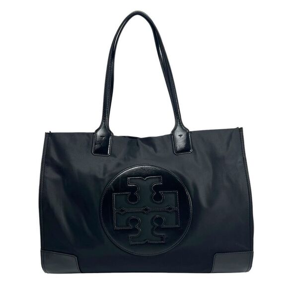 Tory Burch Women's Black Ella Nylon Patent Leather Trim Tote Bag Handbag Logo